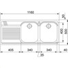 Armonia - Inbouwspoeltafel / 1160 x 500 mm / 2 bakken / Glad /