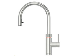 Flex Round  koud  warm en kokend-water-kraan met kindveilige  dubbel druk-draai bedieningsknop en uittrekbare perlator  RVS